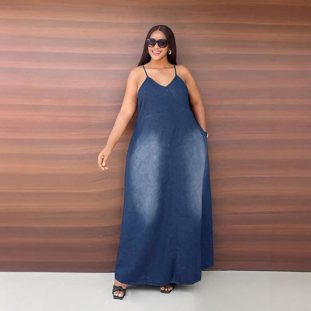 Cotton Denim Strap Maxi Dress with Pockets