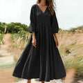 Deep V-Neck Cotton-Linen Three-Quarter Sleeve Maxi Dress