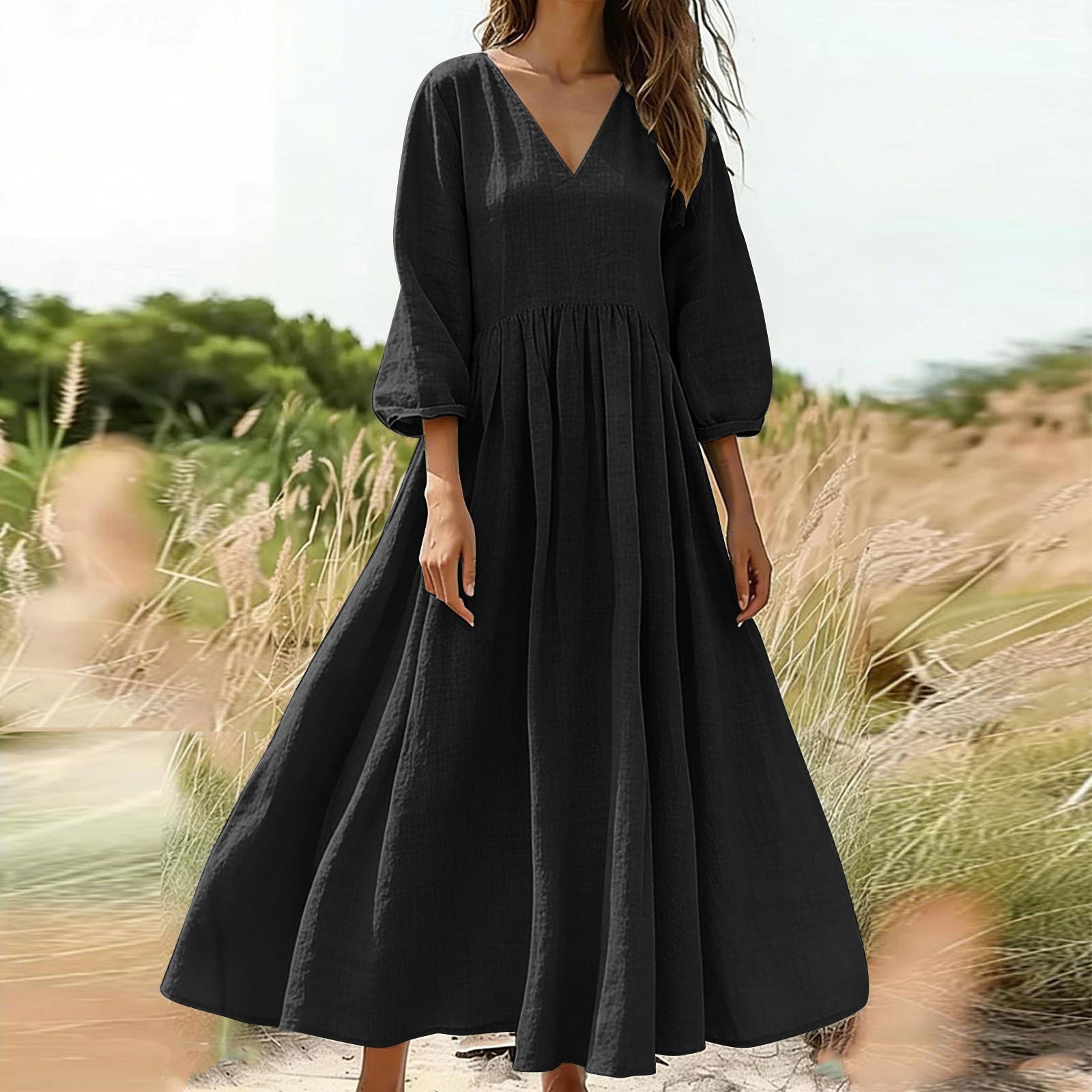 Deep V-Neck Cotton-Linen Three-Quarter Sleeve Maxi Dress