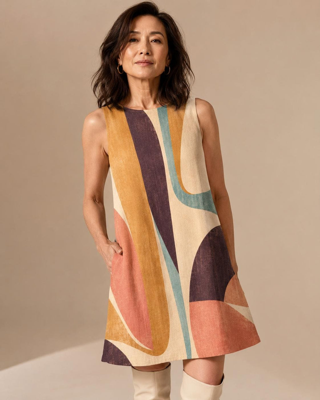 Abstract A-Line Mini Dress | Retro Resort Pocket Dress
