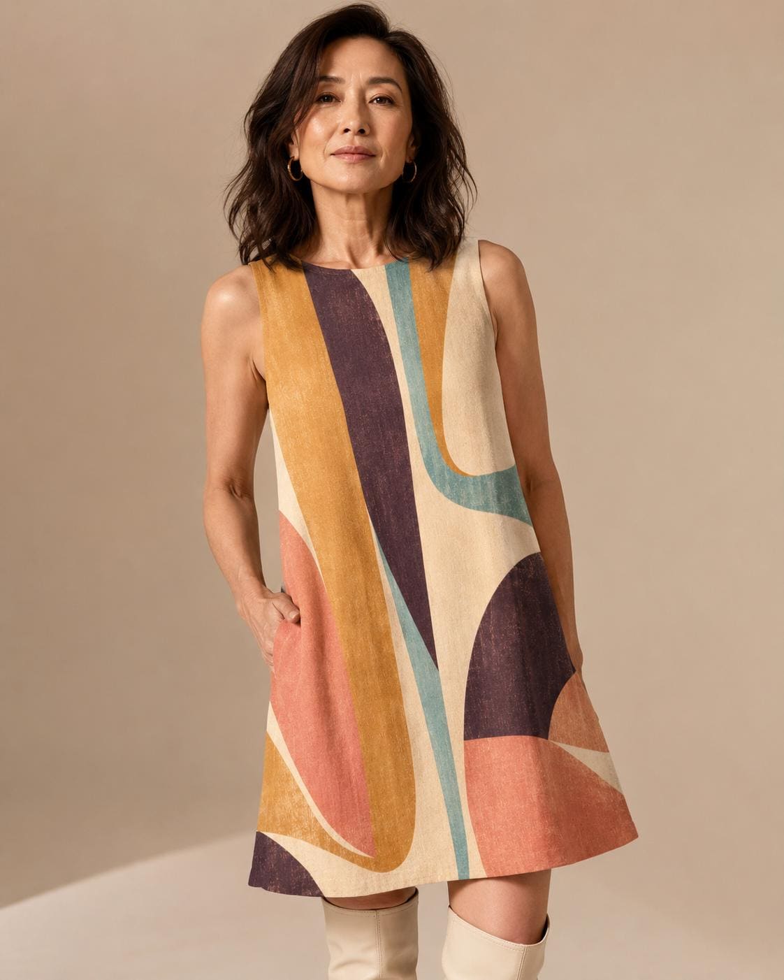 Abstract A-Line Mini Dress | Retro Resort Pocket Dress