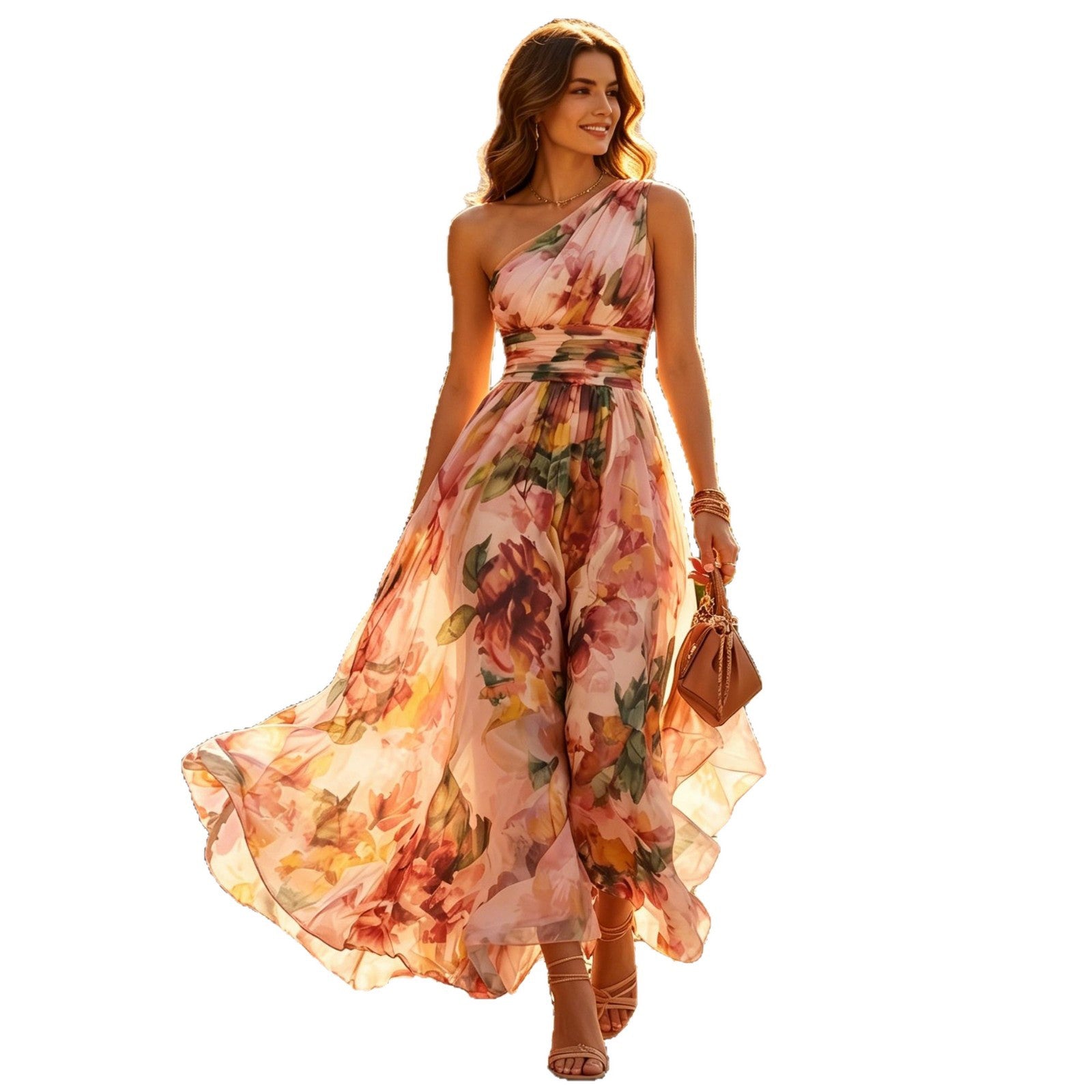 Floral One-Shoulder Sleeveless Maxi Dress