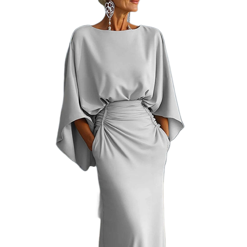 Silver Round-Neck Batwing-Sleeve Mermaid Maxi Dress