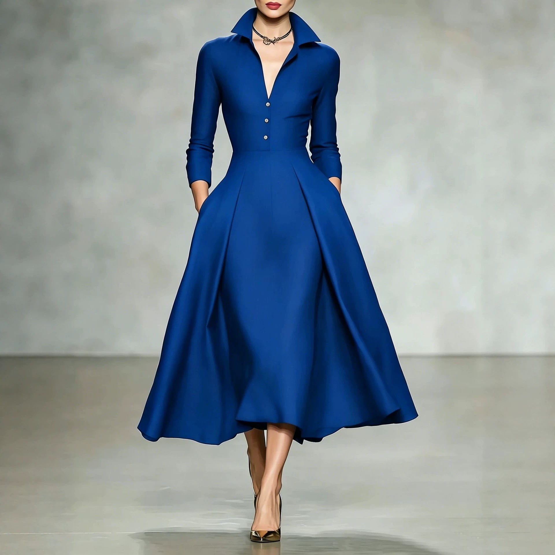 Small-Collar Long-Sleeve Midi Dress