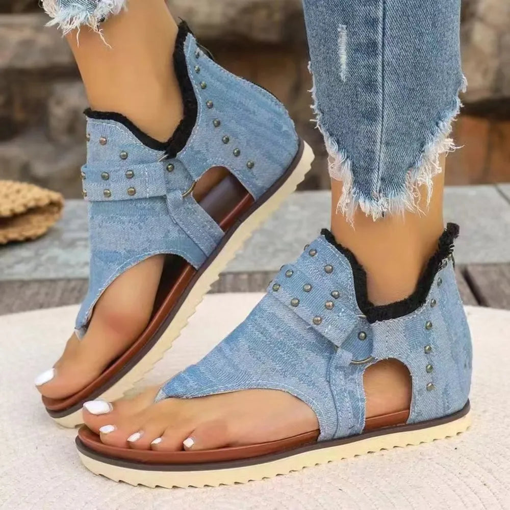 Raw-edge denim-look flat sandals