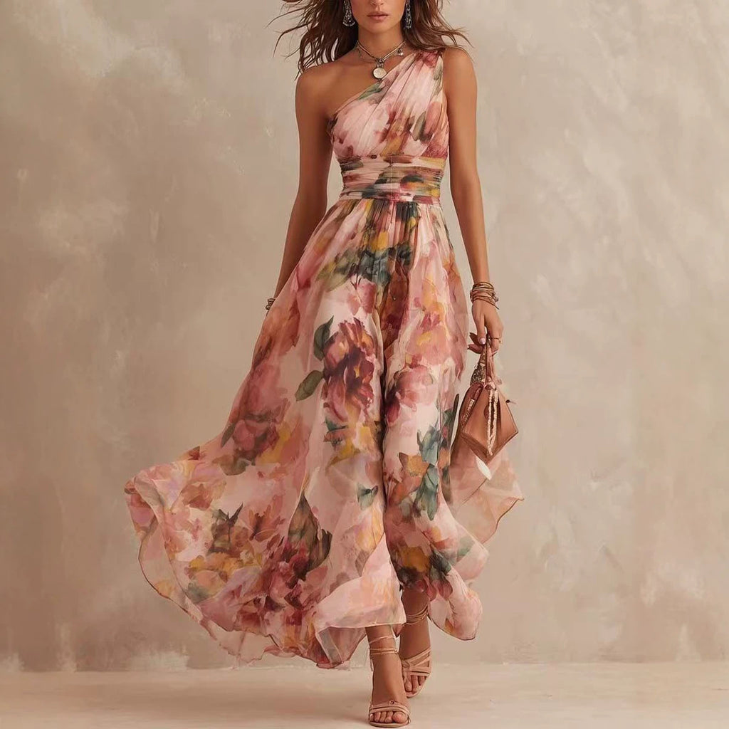 Floral One-Shoulder Sleeveless Maxi Dress