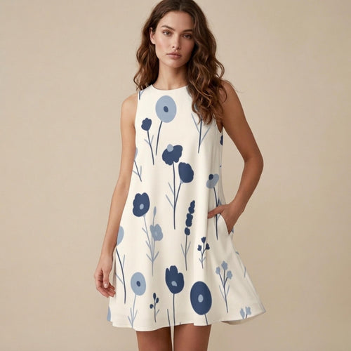 Blue Floral A-Line Mini Dress with Pockets | Scandinavian Summer Dress