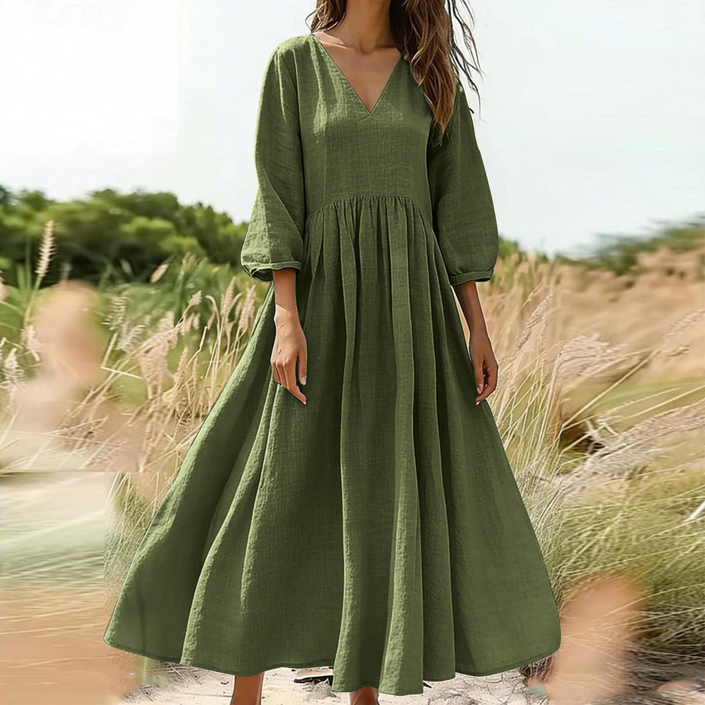 Deep V-Neck Cotton-Linen Three-Quarter Sleeve Maxi Dress