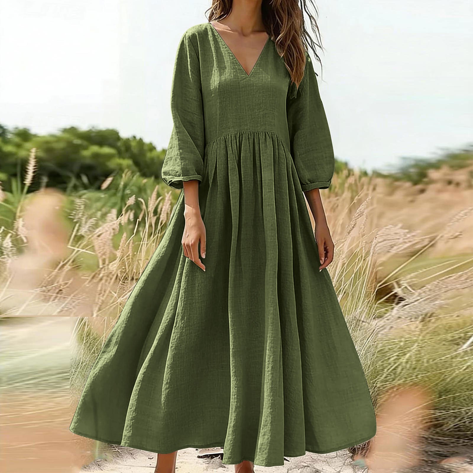 Deep V-Neck Cotton-Linen Three-Quarter Sleeve Maxi Dress
