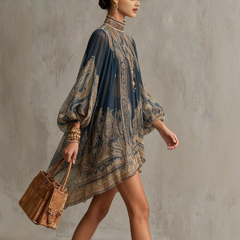 Navy Stand-Collar Puff-Sleeve High-Low Dress