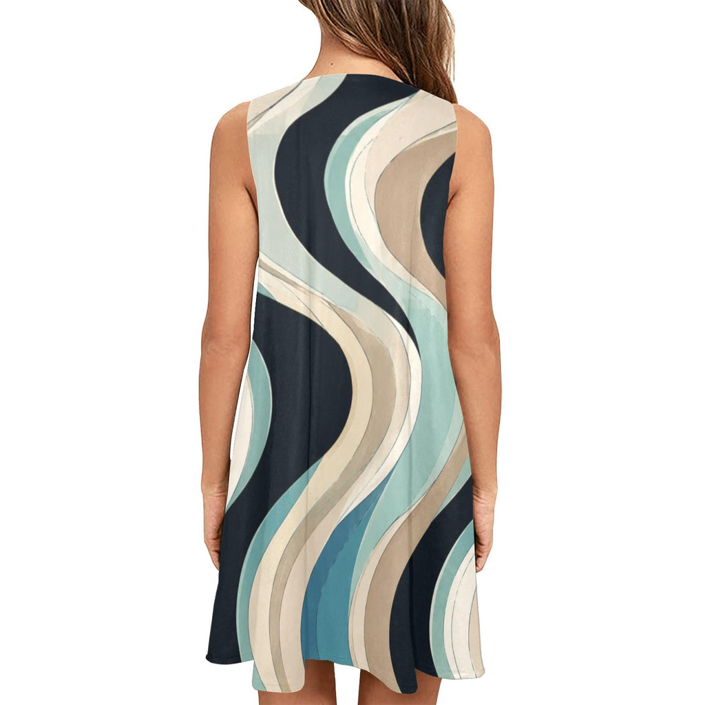 Blue Beige Wave A-Line Dress | Coastal Resort Pocket Mini Dress