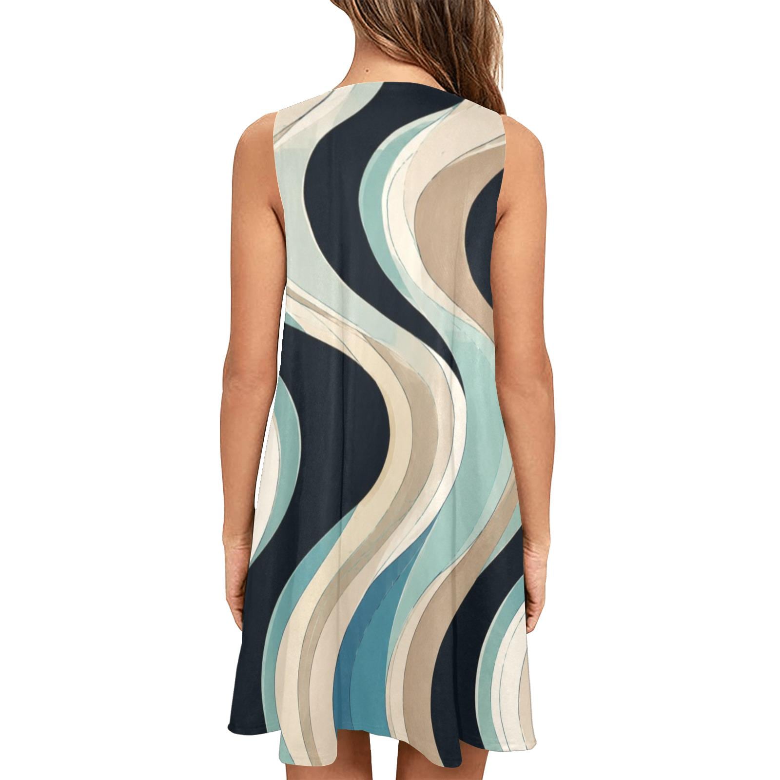 Blue Beige Wave A-Line Dress | Coastal Resort Pocket Mini Dress