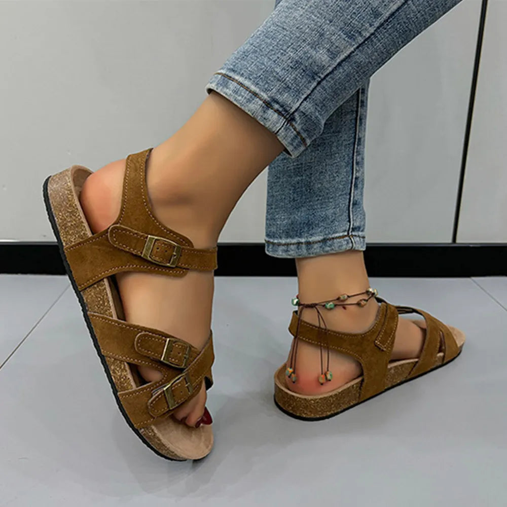 Open-toe buckle flat sandals for women