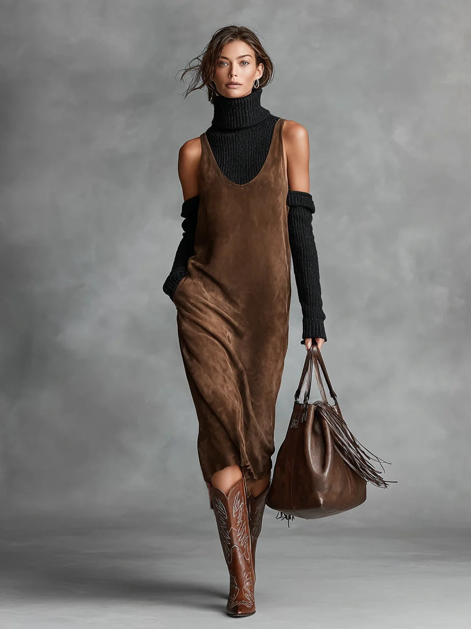 Brown Long-Sleeve Shirt-Collar Dress