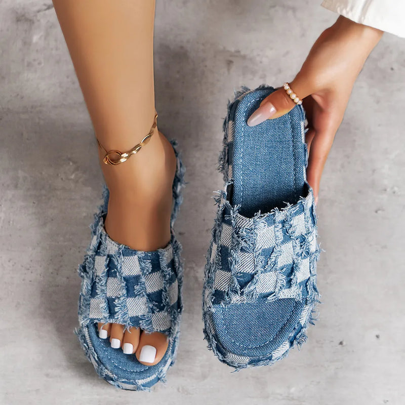 Plaid denim platform sandals for women