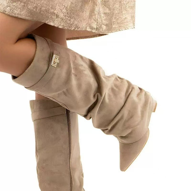 Pleated buckle pointed-toe mid-calf boots for women