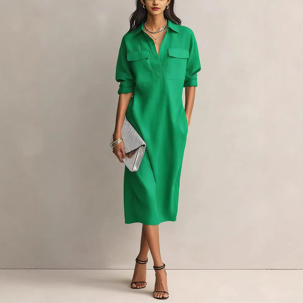 Shirt-Collar Short-Sleeve Midi Dress