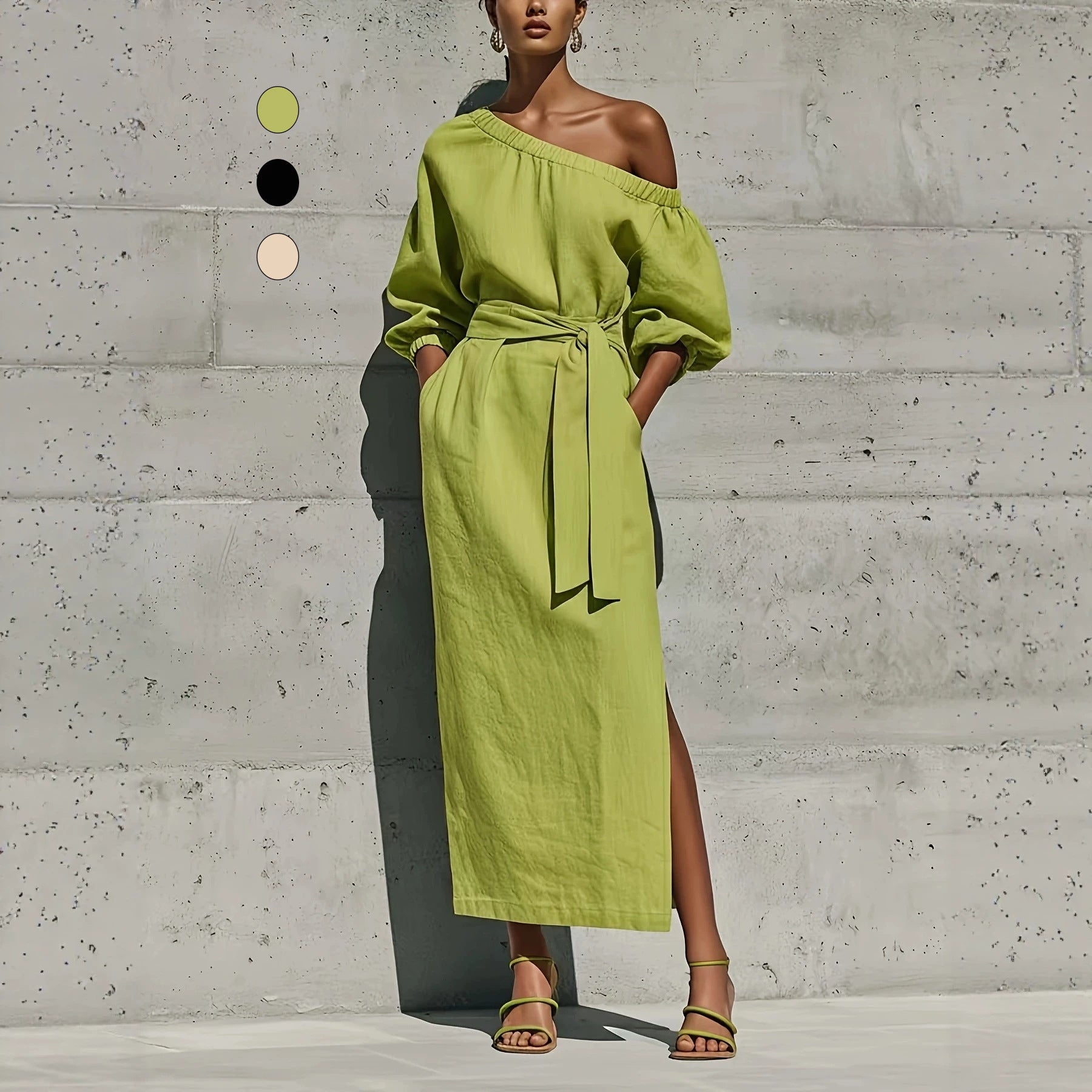 Asymmetric-Neck Long-Sleeve Maxi Dress