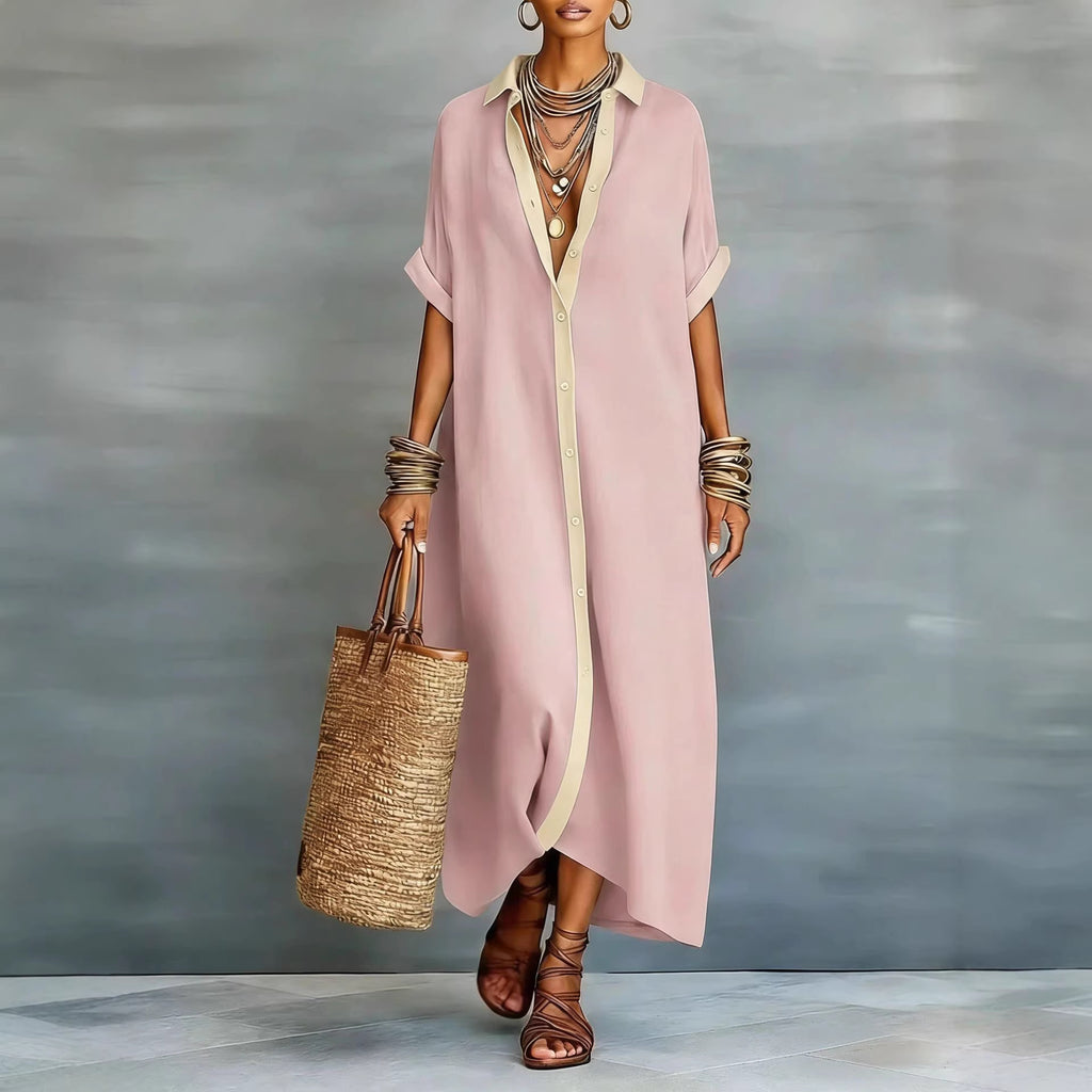 Cotton-Hemp Polo-Collar Short-Sleeve Maxi Dress
