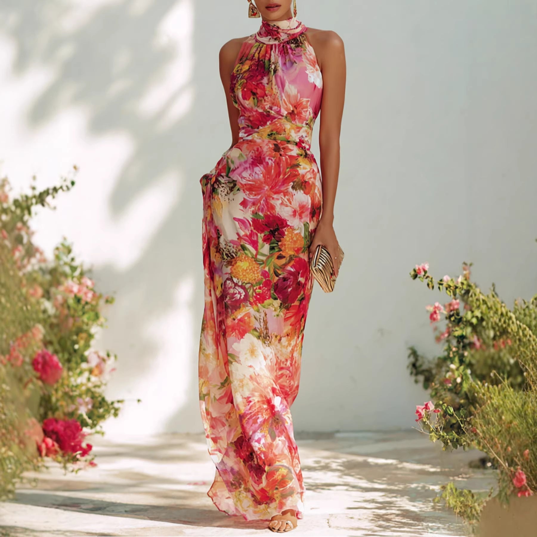 Floral Halter-Neck Sleeveless Maxi Dress