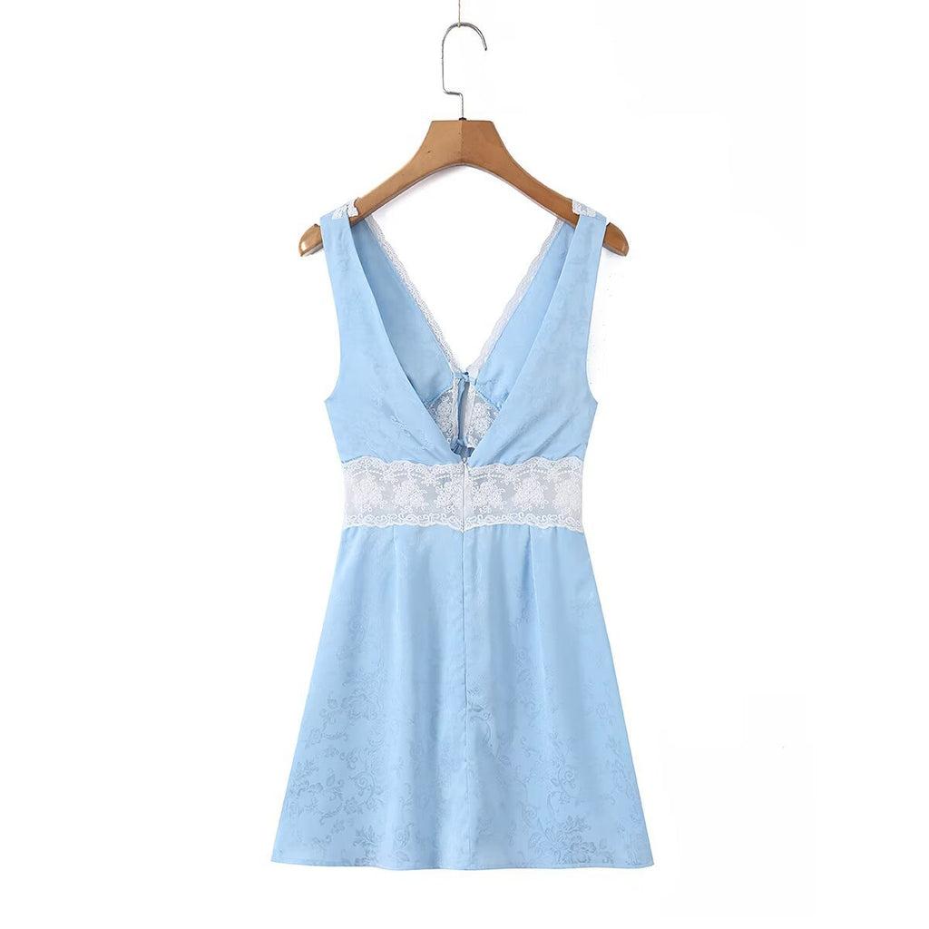 Light Blue Lace-Panel V-Neck Mini Dress
