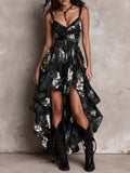 Black Geometric Deep V-Neck High-Low Chiffon Dress