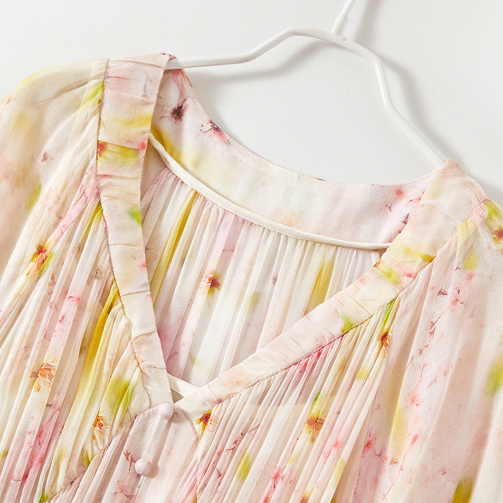 Floral Mulberry Silk V-Neck Long-Sleeve Maxi Dress