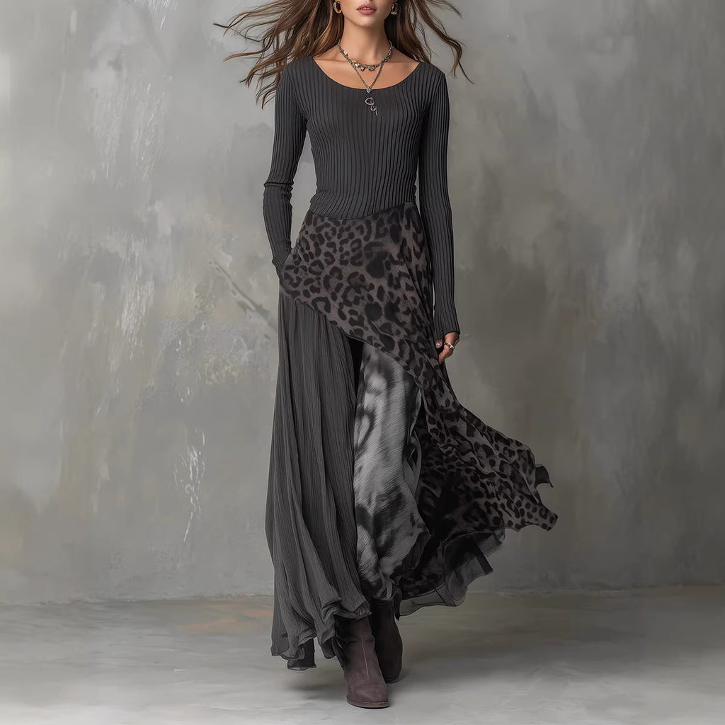Black Long-Sleeve Full-Skirt Maxi Dress