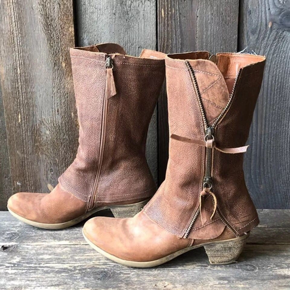 Women's brown chunky-heel mid-calf boots
