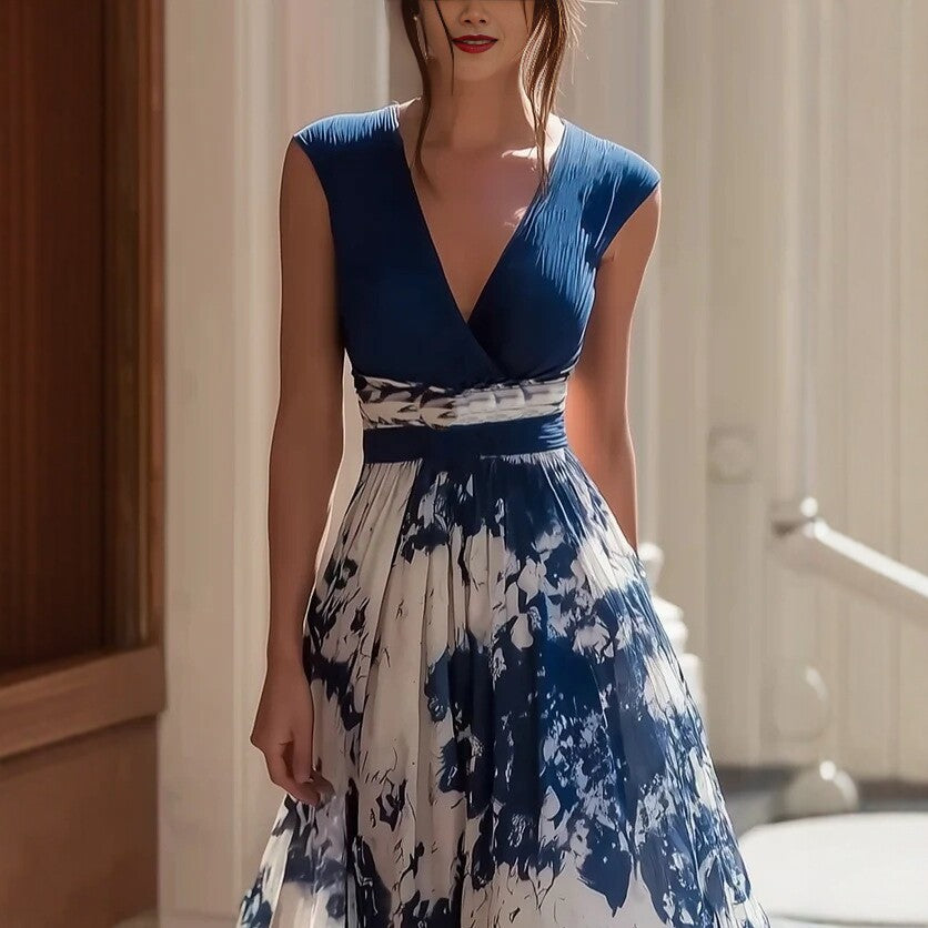 Deep V-Neck Sleeveless Printed Irregular-Hem Dress