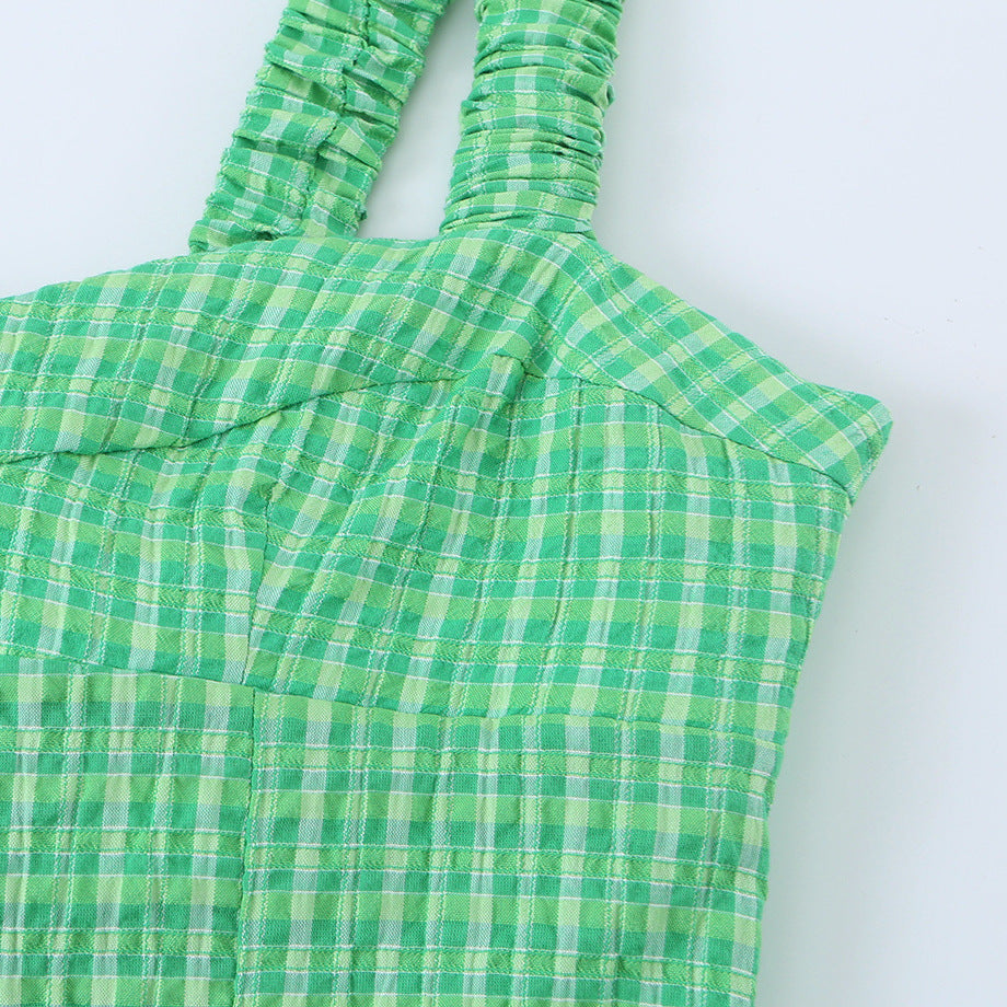 Green Plaid Strap Mini Dress