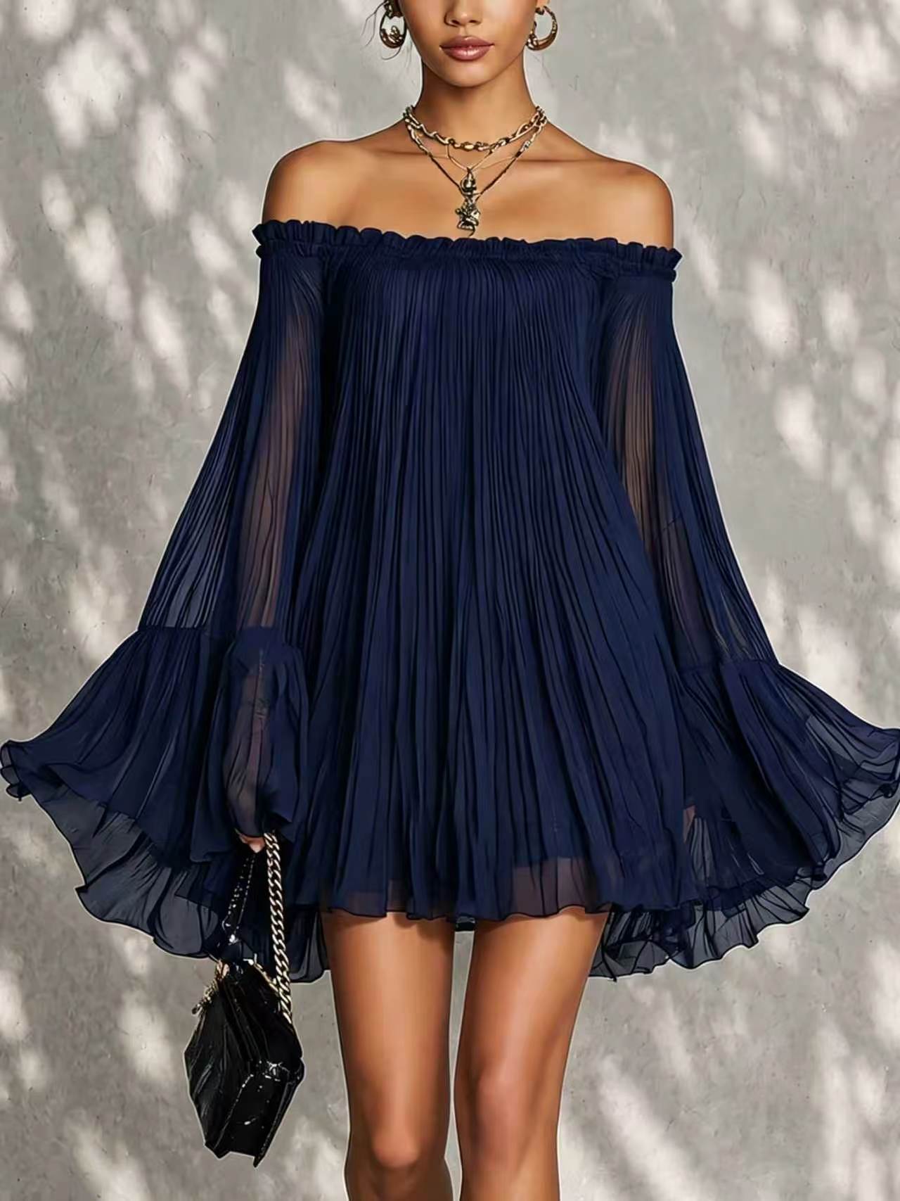 One-Shoulder Lantern-Sleeve Chiffon Mini Dress