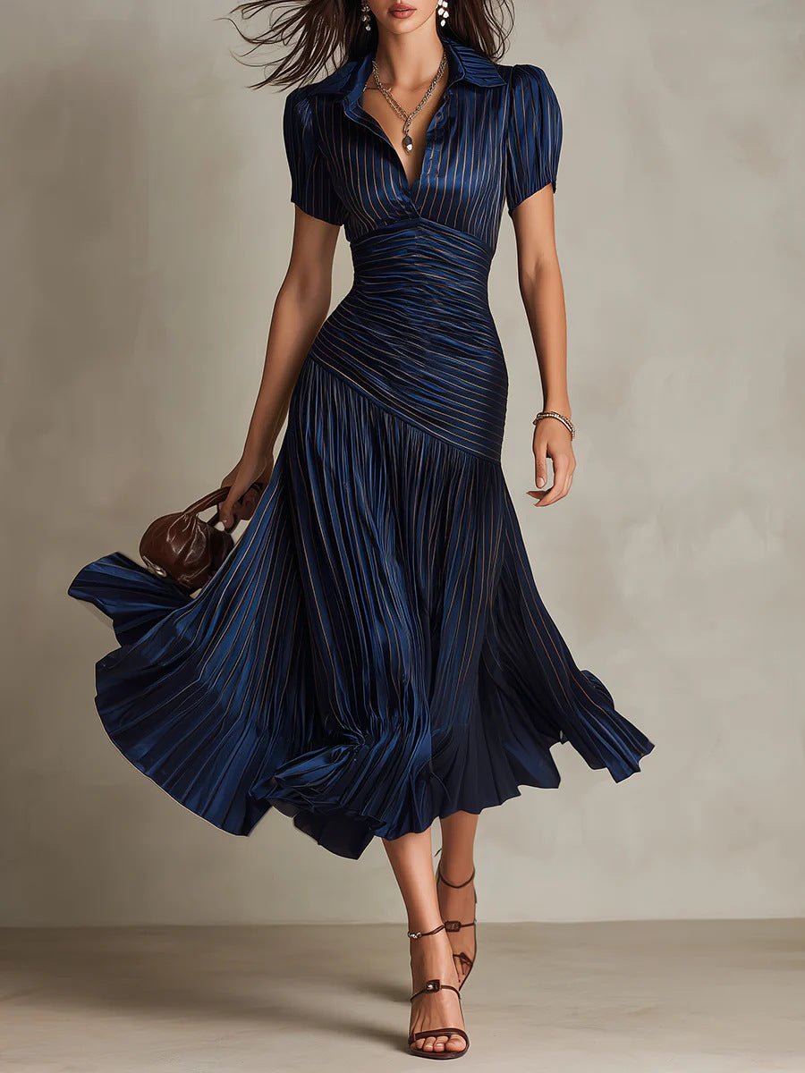 Striped Shirt-Collar Short-Sleeve Dress