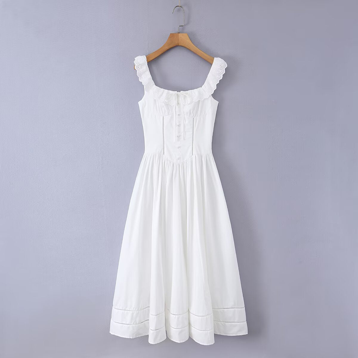White Square-Neck Lace-Detail Maxi Dress