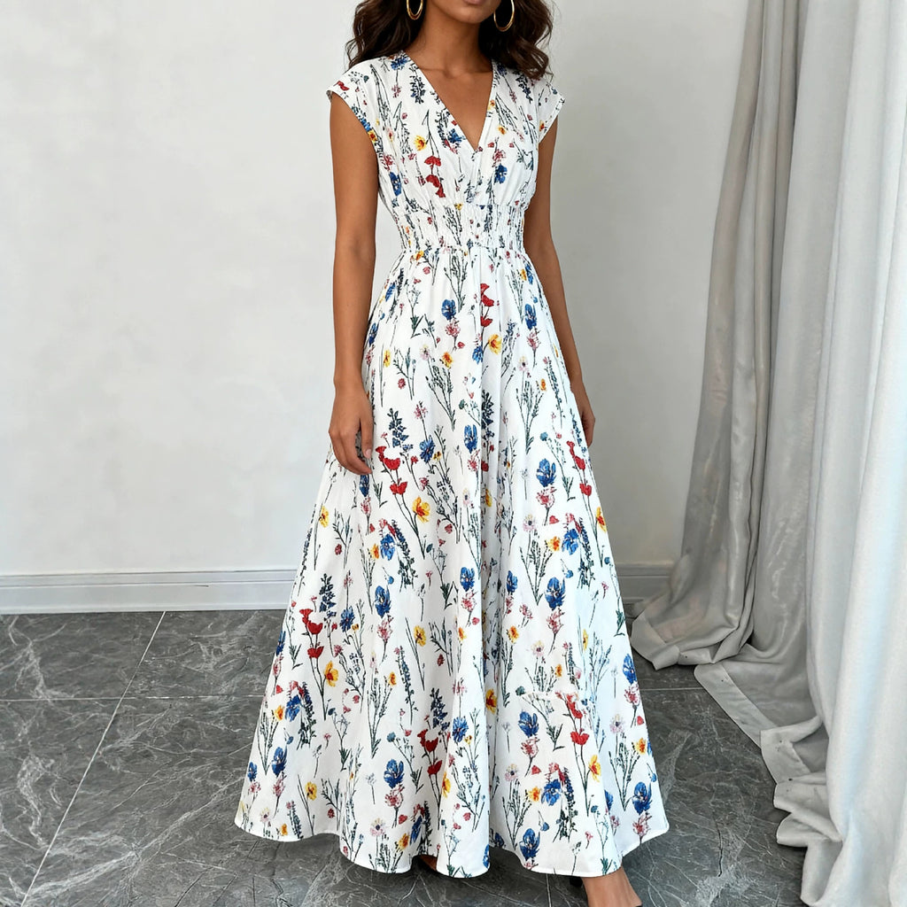 White Floral V-Neck Lace-Up Maxi Dress