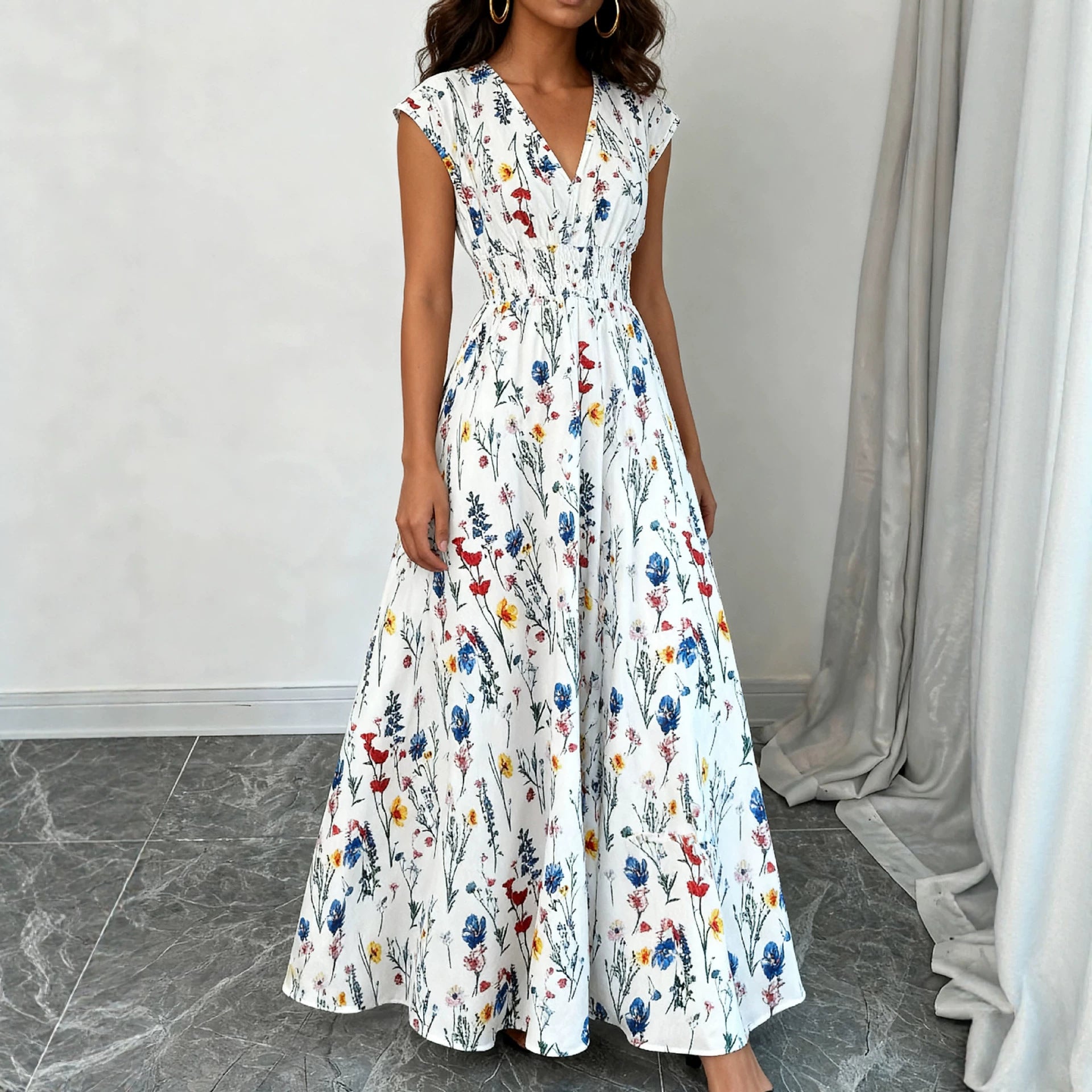 White Floral V-Neck Lace-Up Maxi Dress