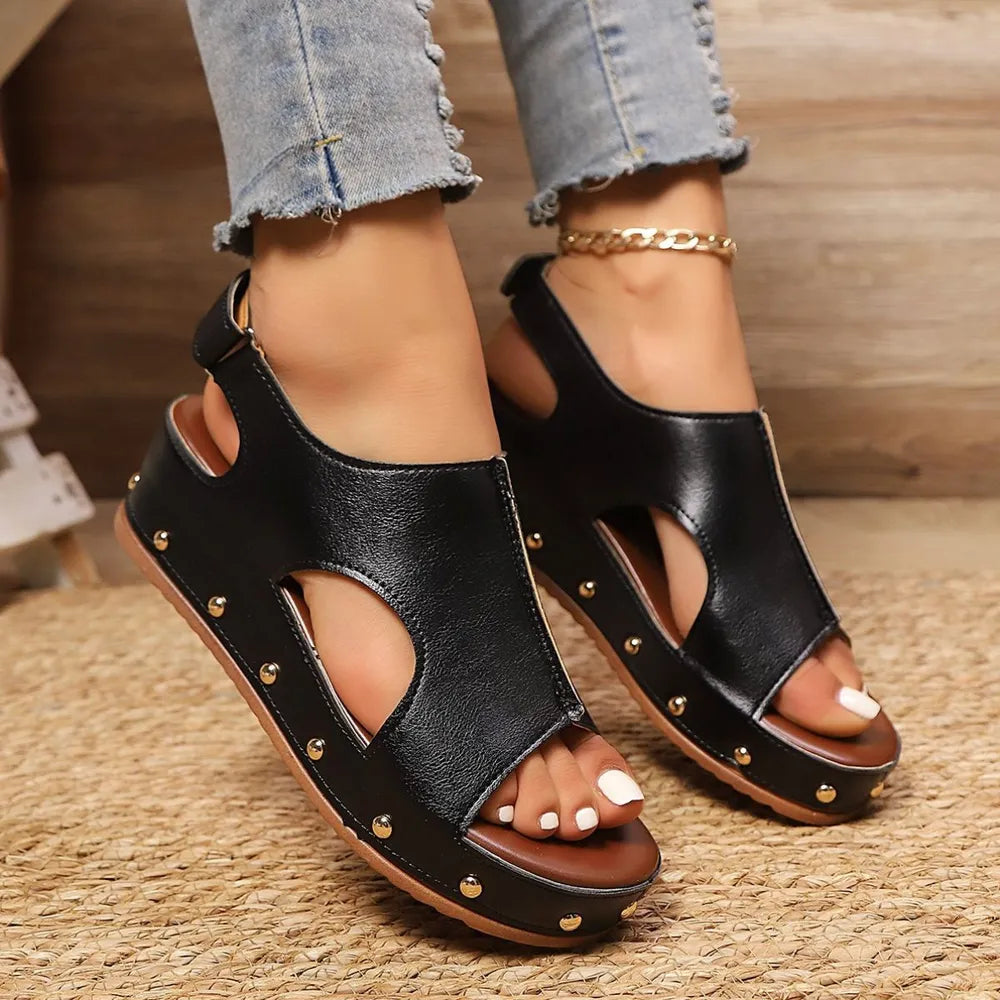 Rivet strap platform sandals for women