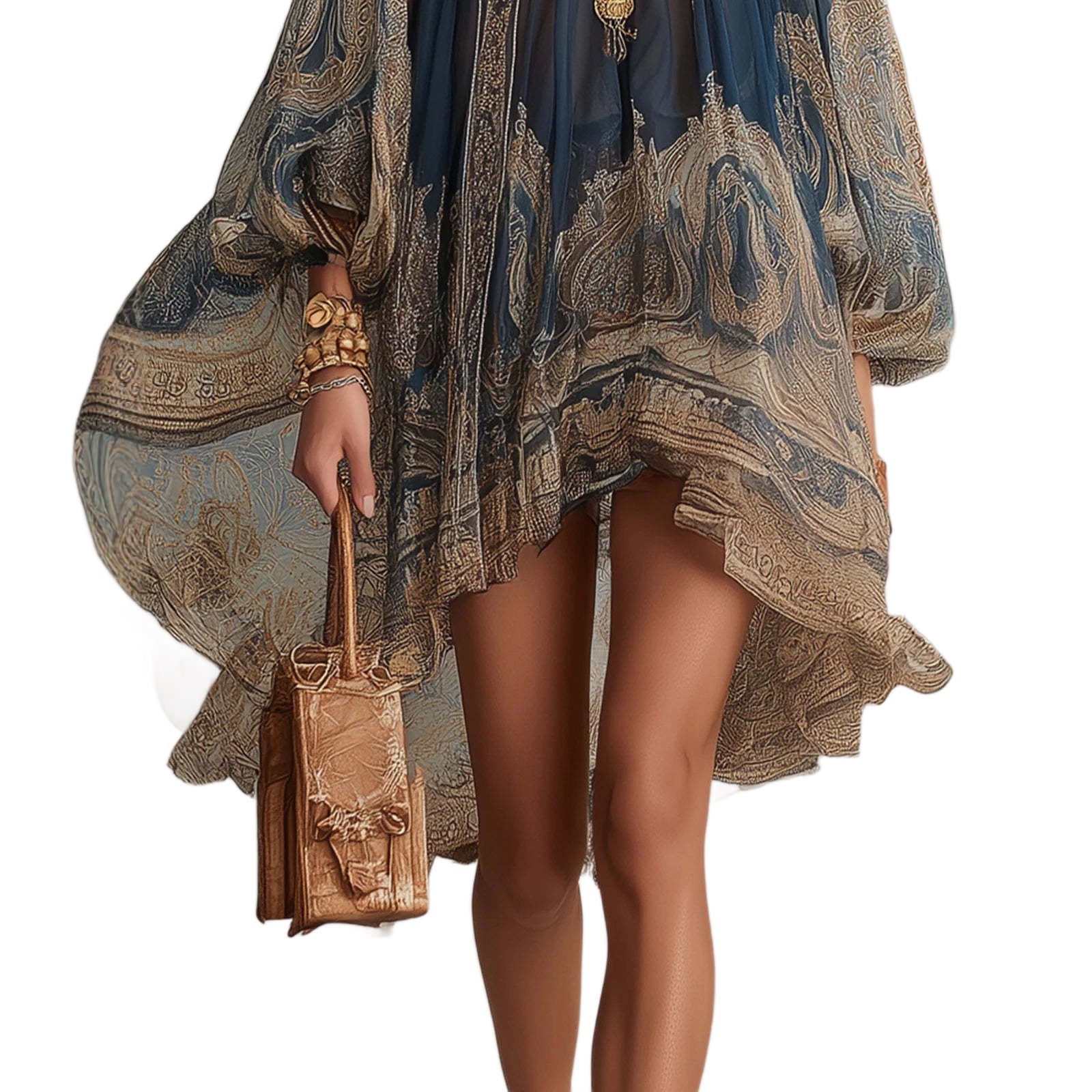 Navy Stand-Collar Puff-Sleeve High-Low Dress