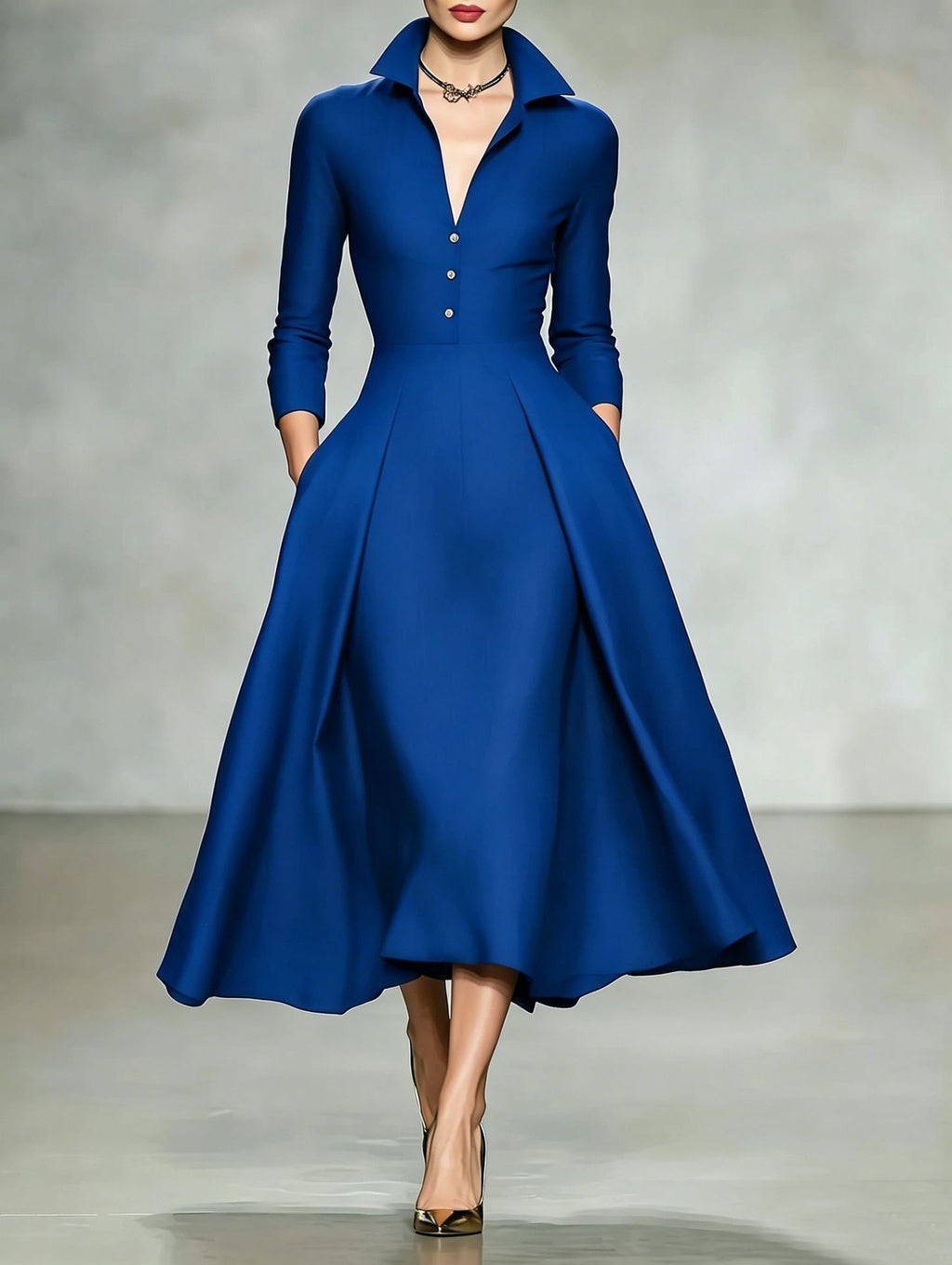 Small-Collar Long-Sleeve Midi Dress