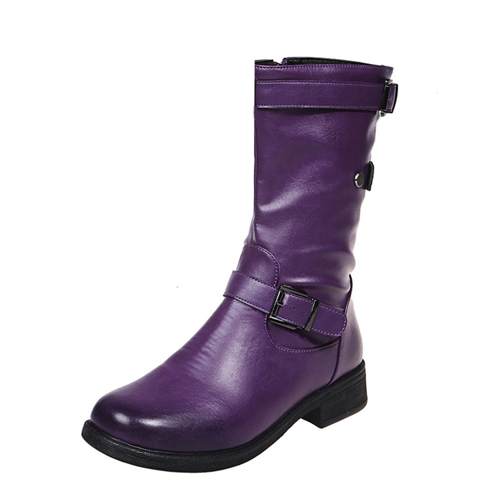 Buckle strap mid-calf boots for women