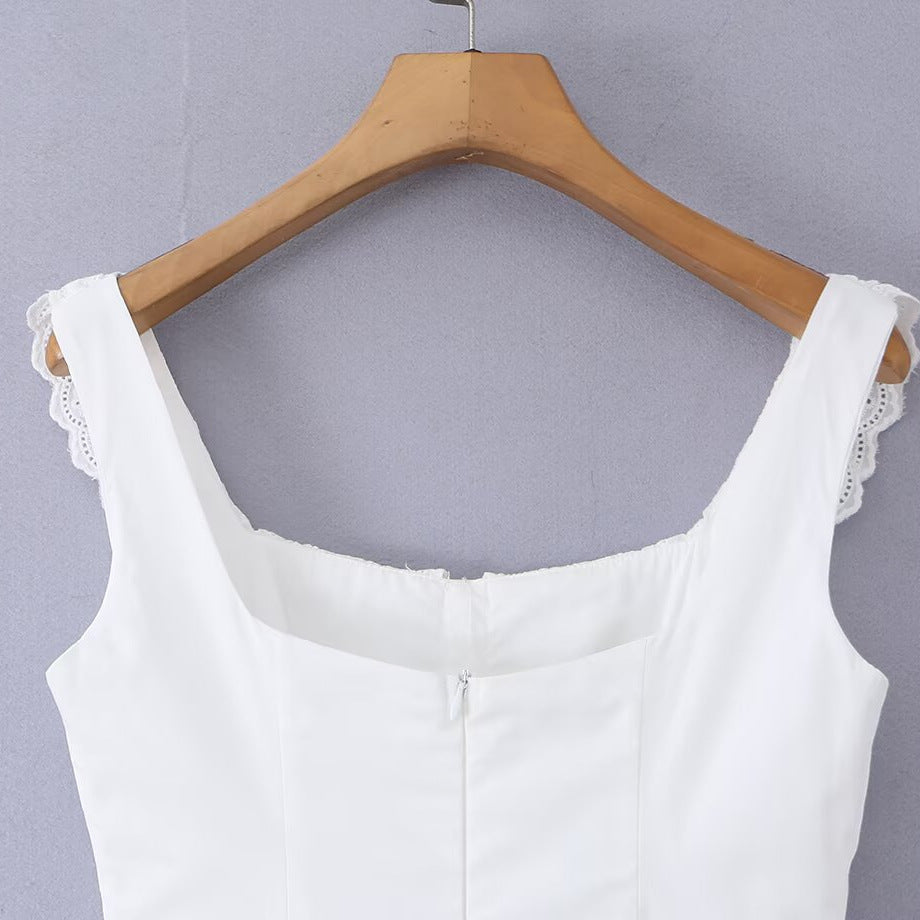 White Square-Neck Lace-Detail Maxi Dress