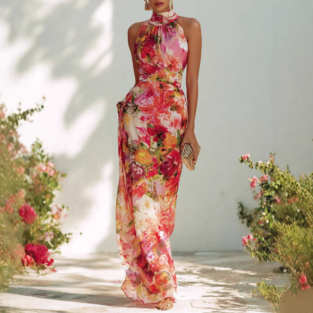Floral Halter-Neck Sleeveless Maxi Dress