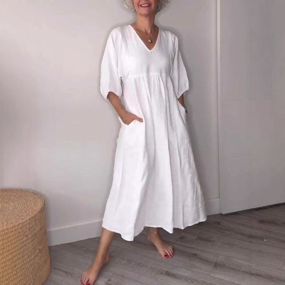 V-Neck Cotton-Linen Three-Quarter Sleeve Maxi Dress