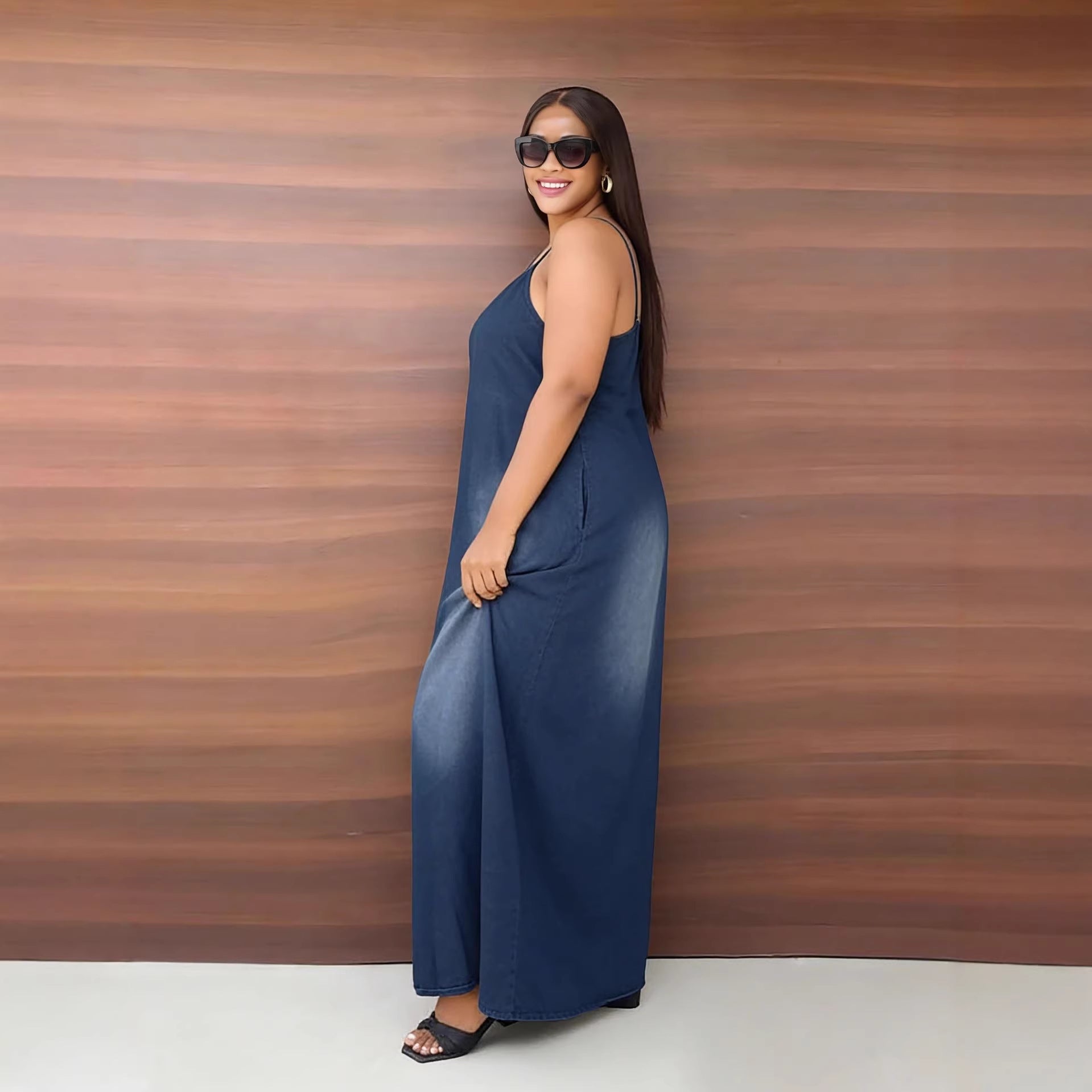 Cotton Denim Strap Maxi Dress with Pockets
