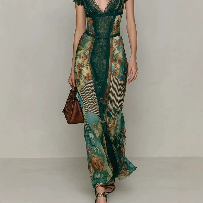 Dark Green Floral V-Neck Short-Sleeve Maxi Dress