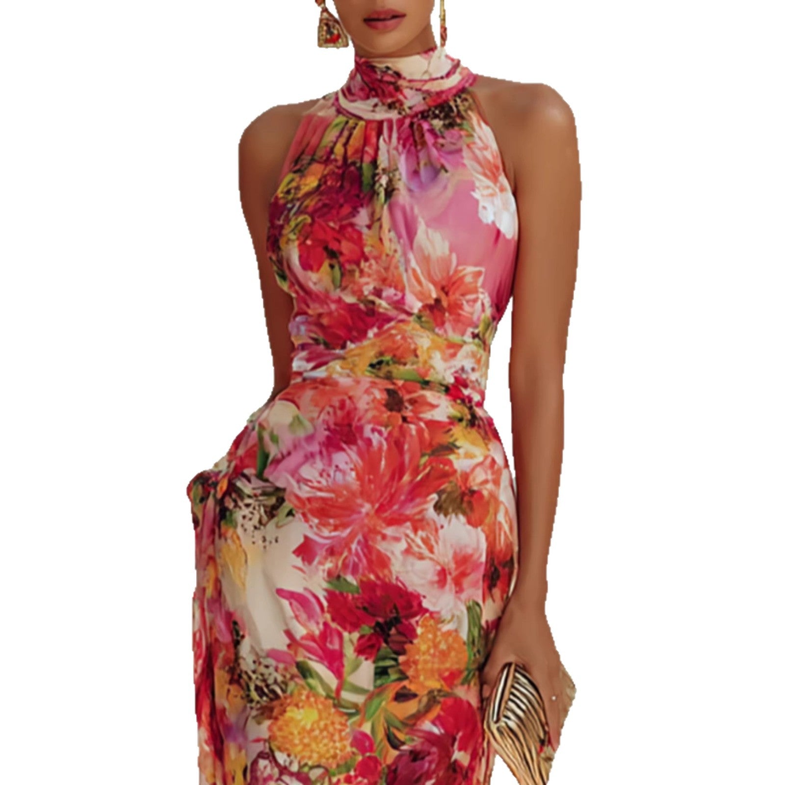 Floral Halter-Neck Sleeveless Maxi Dress