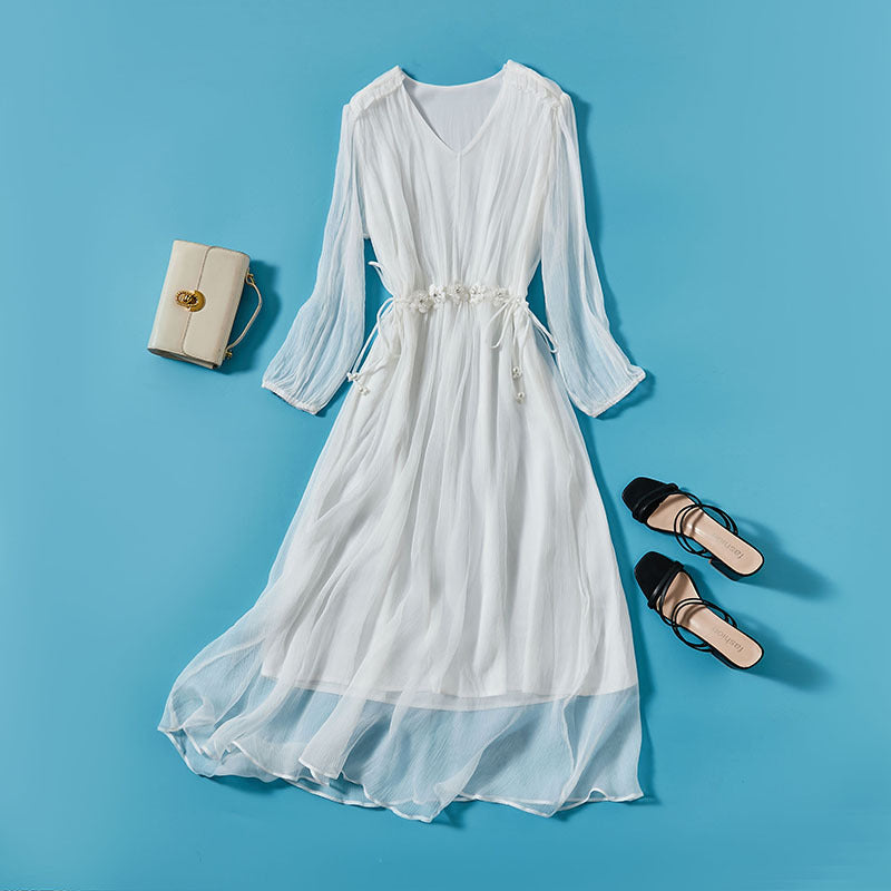 Silk V-Neck Long-Sleeve Maxi Dress