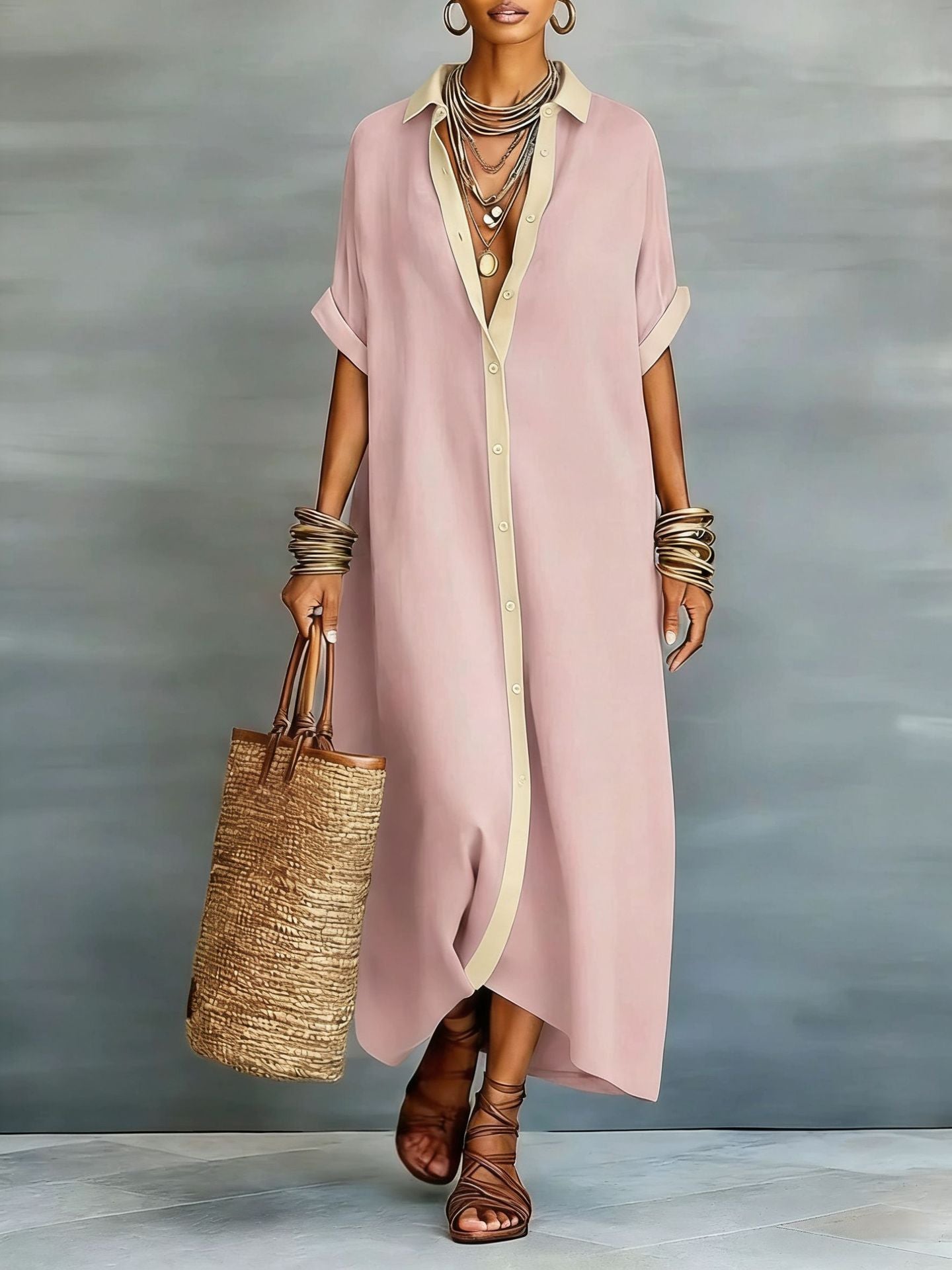 Cotton-Hemp Polo-Collar Short-Sleeve Maxi Dress