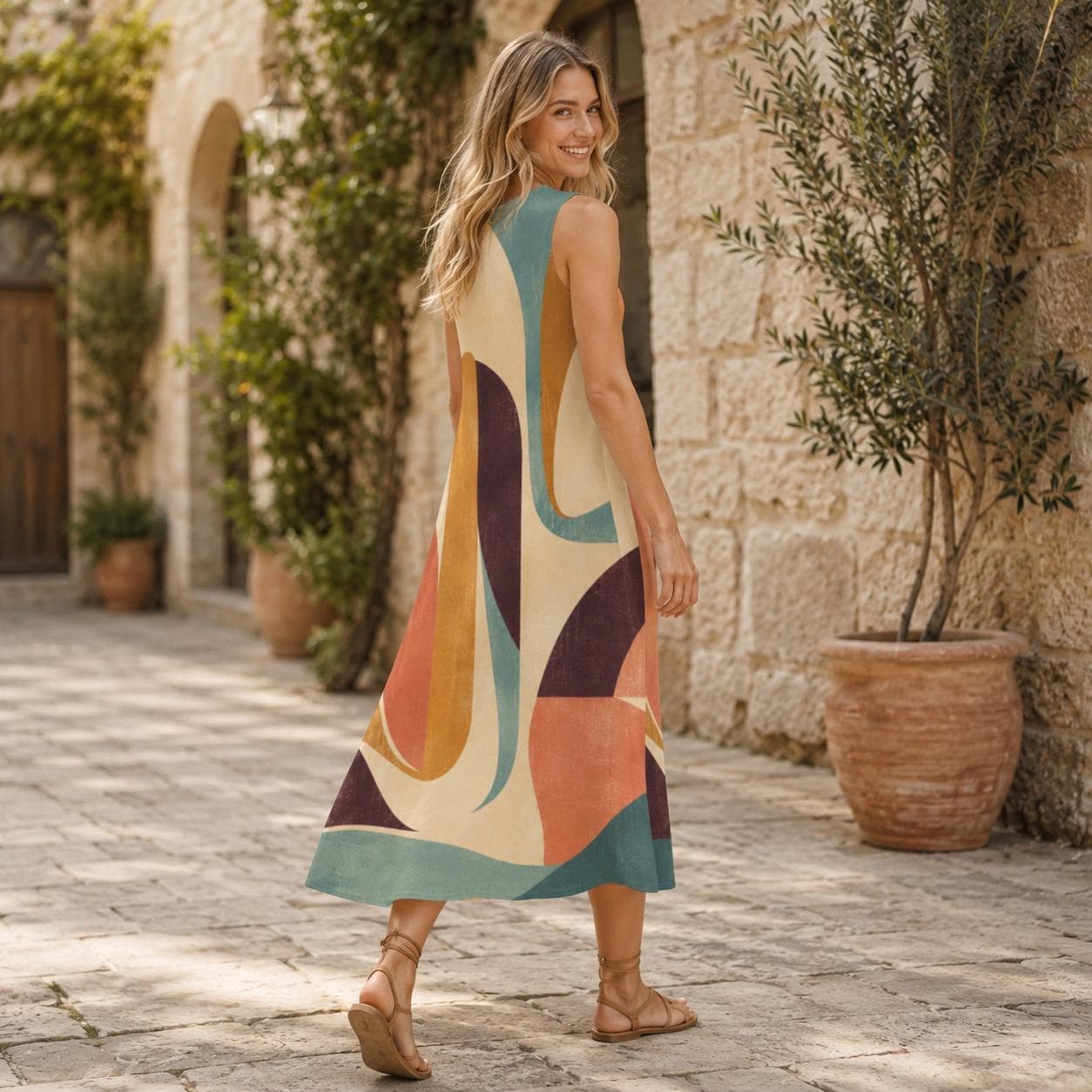 60s Color Block Cotton Midi Dress