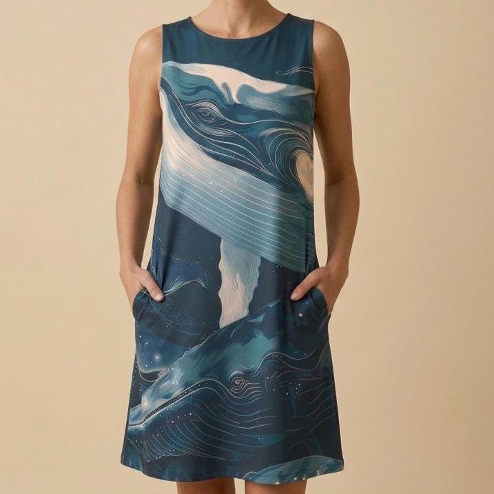 Whale Art A-Line Dress | Coastal Sleeveless Pocket Dress